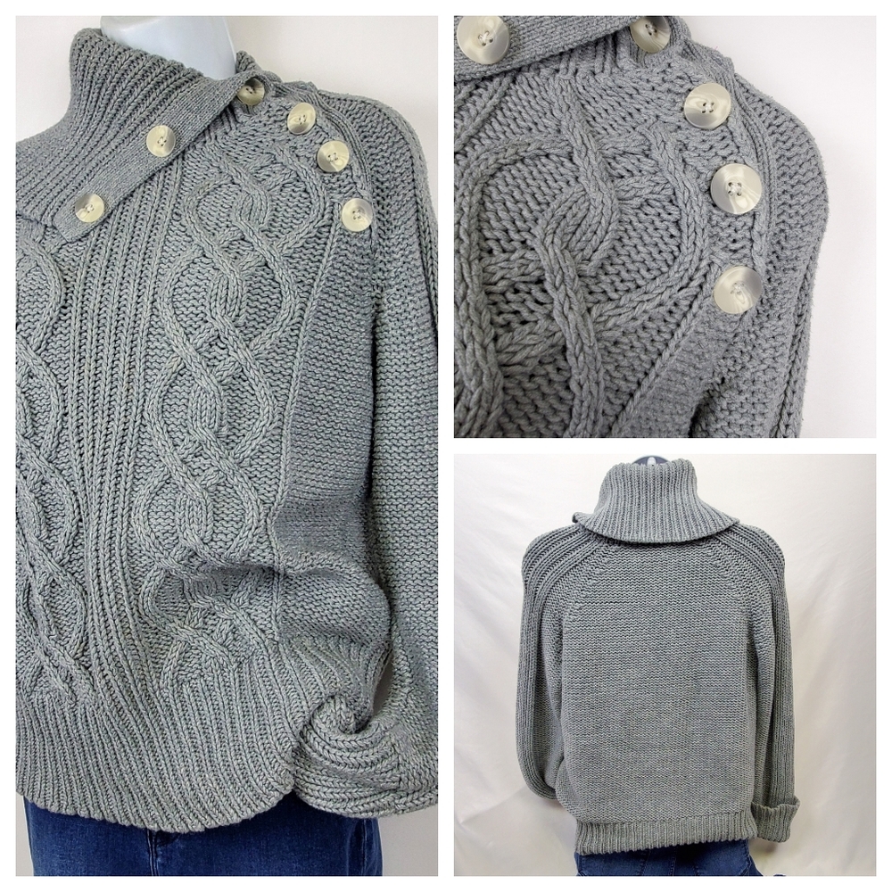 Button-up Collar Turtleneck Cable Knit Sweate